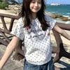 Design Sense Niche Front Shoulder Round Neck Polka Dot Short-sleeved T-shirt Women's Summer New Letter Printing Slim-fitting Top