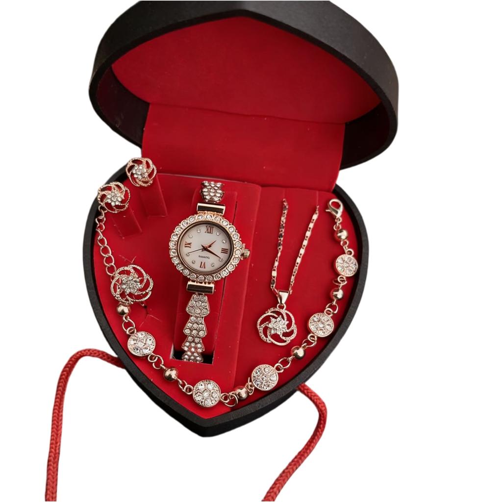Fashionable Rhinestone Women’s Watch Set Romantic Heart Shaped Jewelry Gift Set Elegant Box Included Valentine Accessory