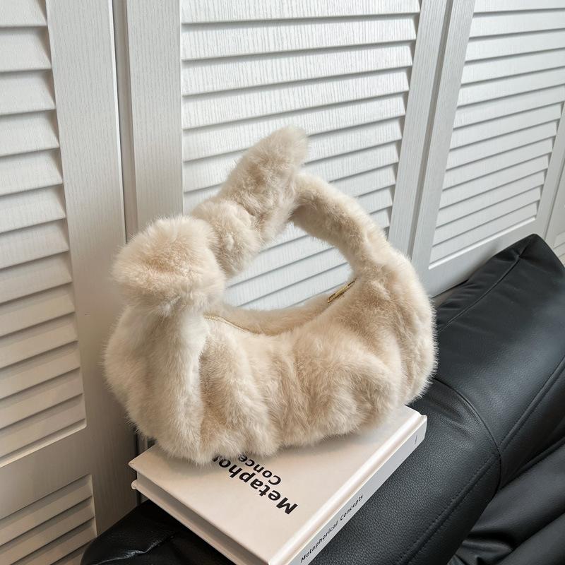 Women's Luxury Plush Clutch Cute Bow-shaped Handbag Headphone Coin Purse Fashion Faux Fur Solid Color Soft Pleated Cloud Bag
