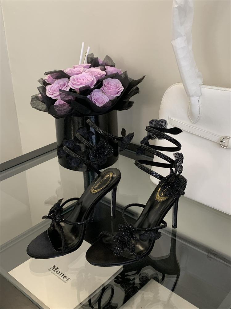 Miting Serpentine Wound Stiletto Sandals Women's 2025 Spring New Round Head Open-toed One-word Bow High Heels