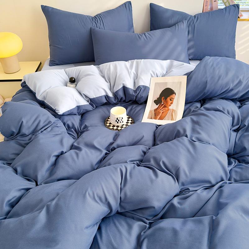 Conjunto de Roupa de Cama Simples de Algodão Lavado Duplamente Torcido - Lençol de Elástico e Capa de Cor Lisa
