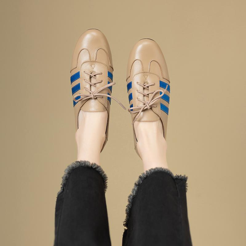 Fashion Women's new leather cowhide spring and autumn lace up low heel oversized comfortable casual round toe sports single shoe