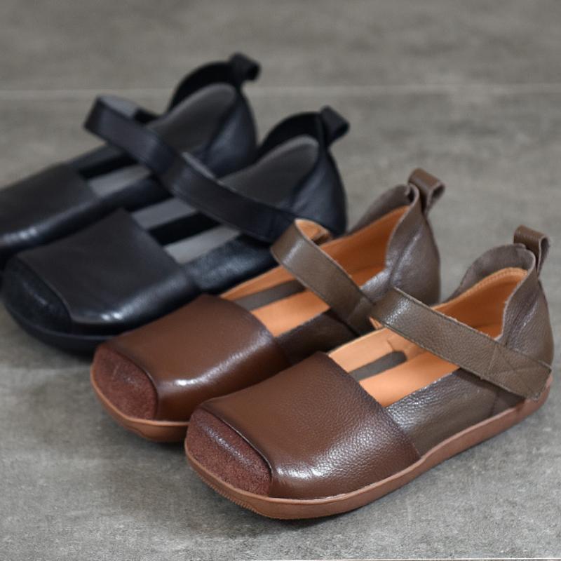 Johnature Retro Genuine Leather Square Toe Flat Shoes Soft Sole Handmade Solid Color Women's Shoes