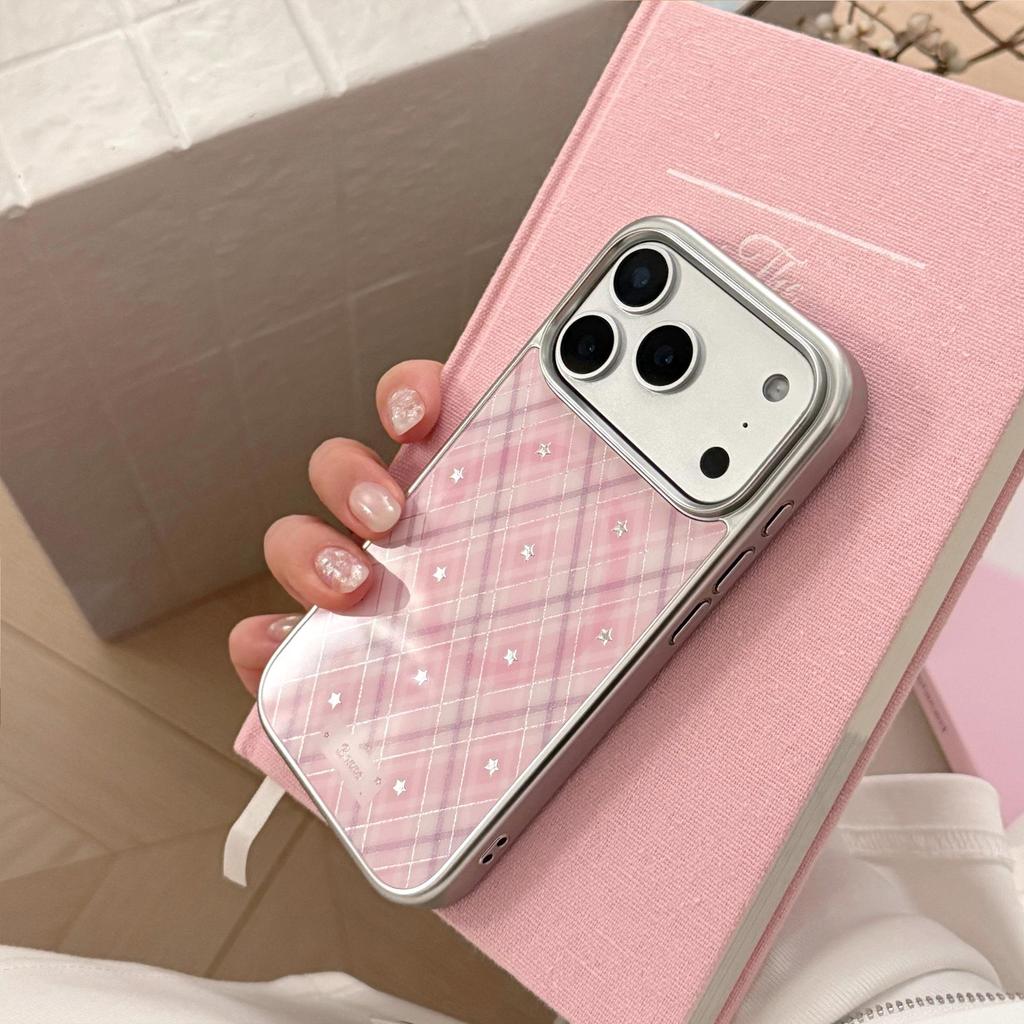 Korean Style Gold-Plated Peach Star Plaid Magnetic Phone Case for iPhone 16/17 Pro Max/15/14P