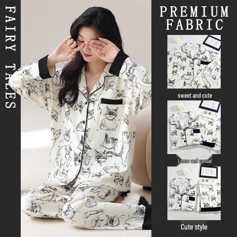 Женский хлопковый полосатый комплект пижамы: Кардиган, Длинный рукав, Длинные штаны, Воротник с лацканами - Идеально для весны, осени и зимы. Extra Large