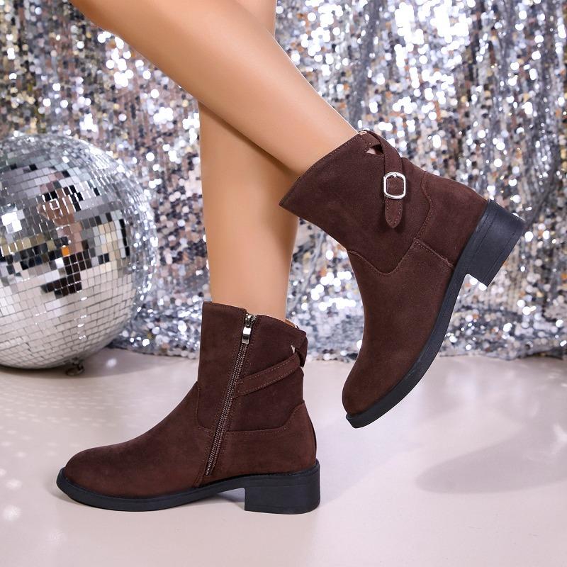 Ladies Shoes Side Zipper Women's Boots Fashion Belt Buckle Modern Boots Women New Round Toe Ankle Boots