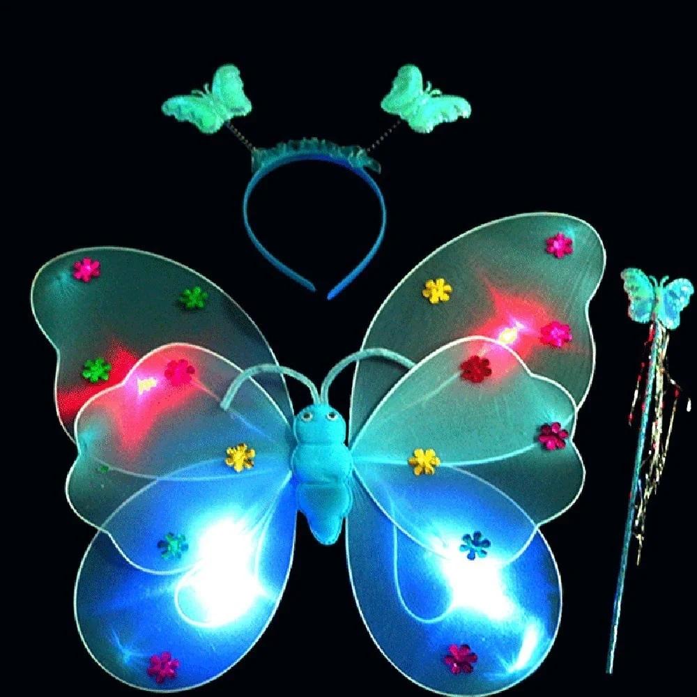 

2026 New 3Pcs/Set Double Layers Girls Led Flashing Light Fairy Butterfly Wing Wand Headband Costume Toy Gift Halloween Decor синий
