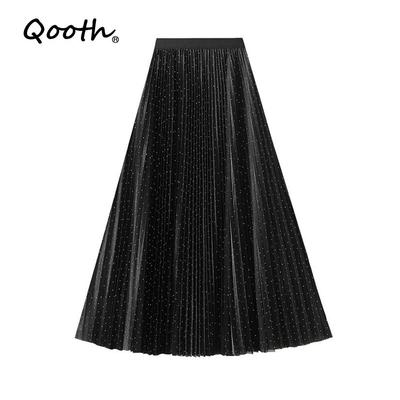 Beaded Mesh Skirt Elastic Waist A-Line Pleated Skirt Mid Length Tulle Skirt QT2766
