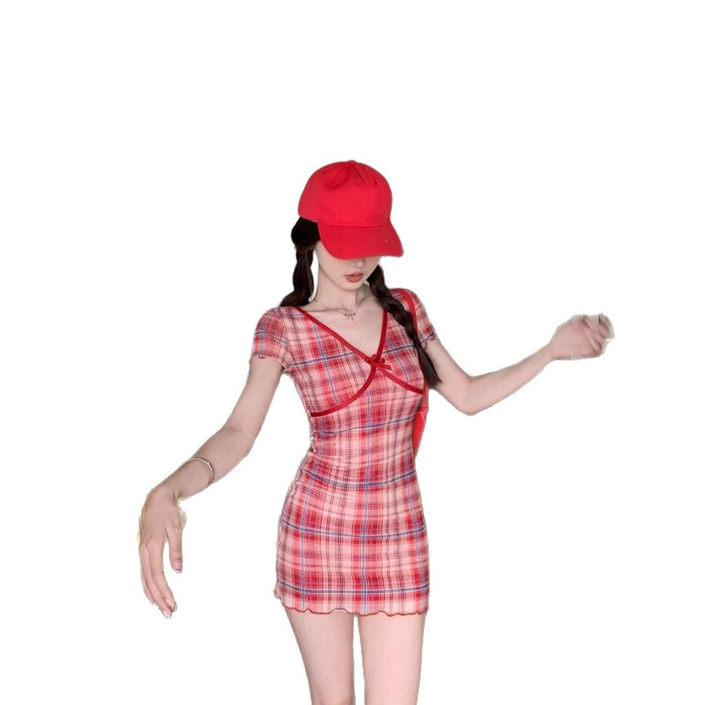 MR Has Shipped, Sweet Spice Girl Red Plaid Dress Women's Summer Small Slim Mesh Hip Skirt Short Skirt