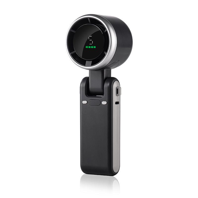 N607 Portable High-Speed Turbo Handheld Fan with Digital Display, USB Charging, Neck-Hanging Option, and Foldable Design.