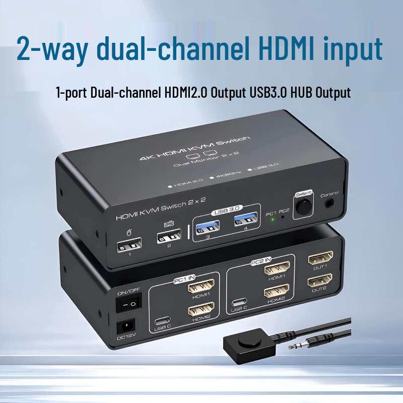 Jiyin 2-Port Dual Channel HDMI 2.0 & USB 3.0 KVM Switch