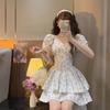Square collar floral bubble sleeve dress women's summer new popular small French design sense niche short skirt
