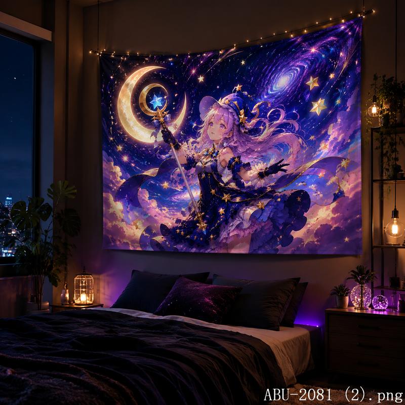 Moon Galaxy Anime Girl Aesthetic Tapestry Colorful Cosmic Fantasy Wall Hanging Teen Dorm Bedroom Otaku Home Decor
