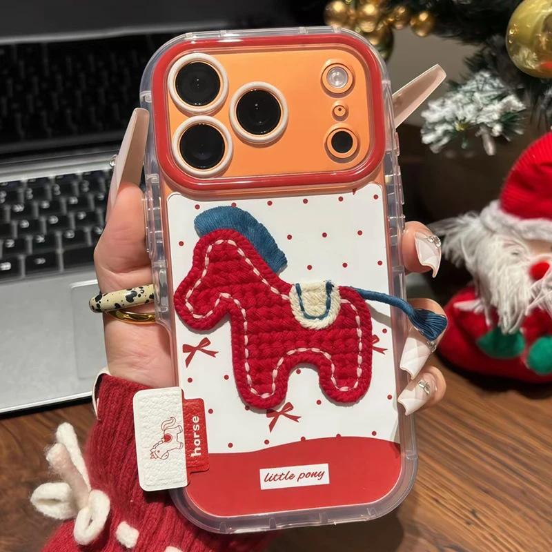 New Year's Embroidery Pony Bracket Is Suitable for Apple 17/16promax Mobile Phone Case IP15 Puff Feather Yarn 14/13 Set