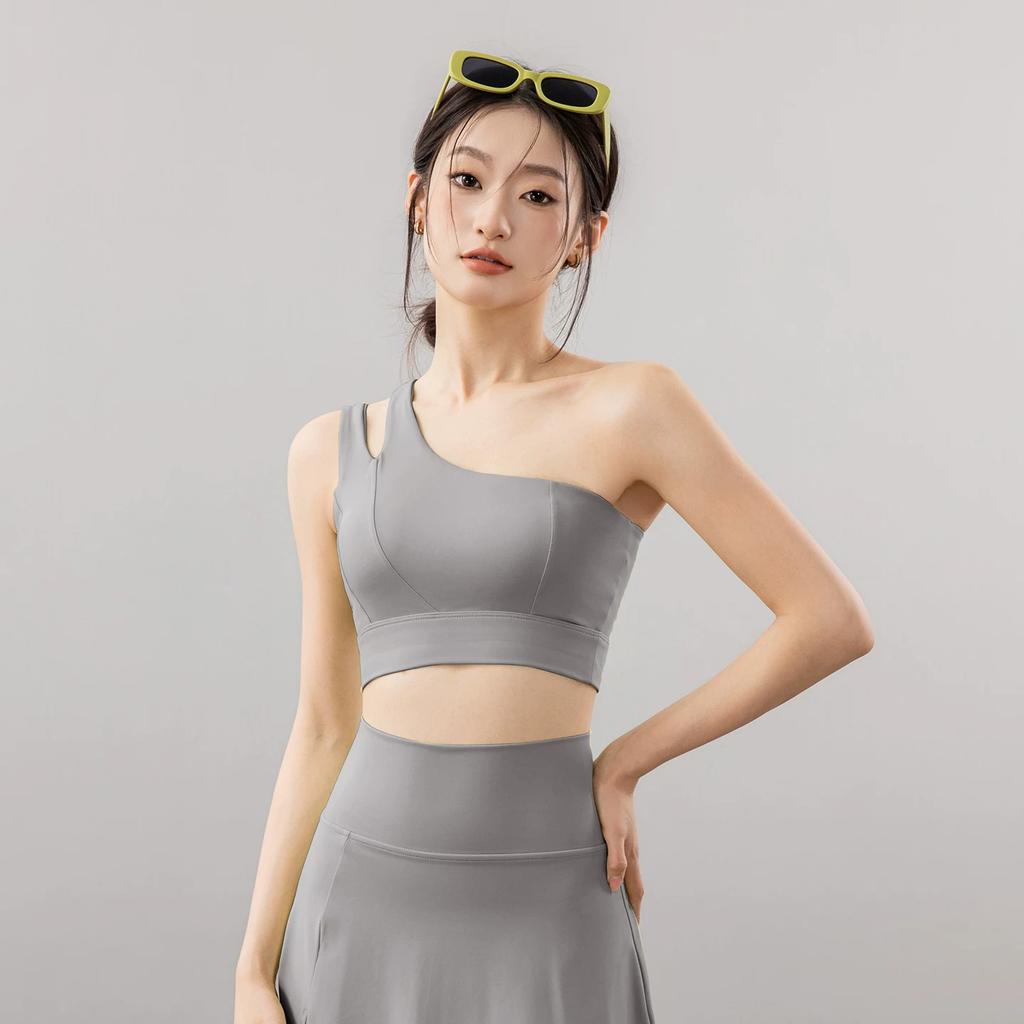 European and American Spring and Autumn New Style One-Shoulder Fitness Bra for Women, Sports Casual One-Shoulder Yoga Fitness Sports Skirt Two-Piece