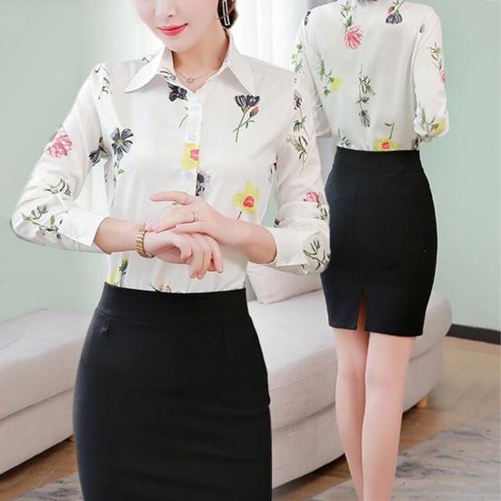 Slim Large Size Floral Fit Print Lapel Casual Button Long Sleeve Shirt Blouse