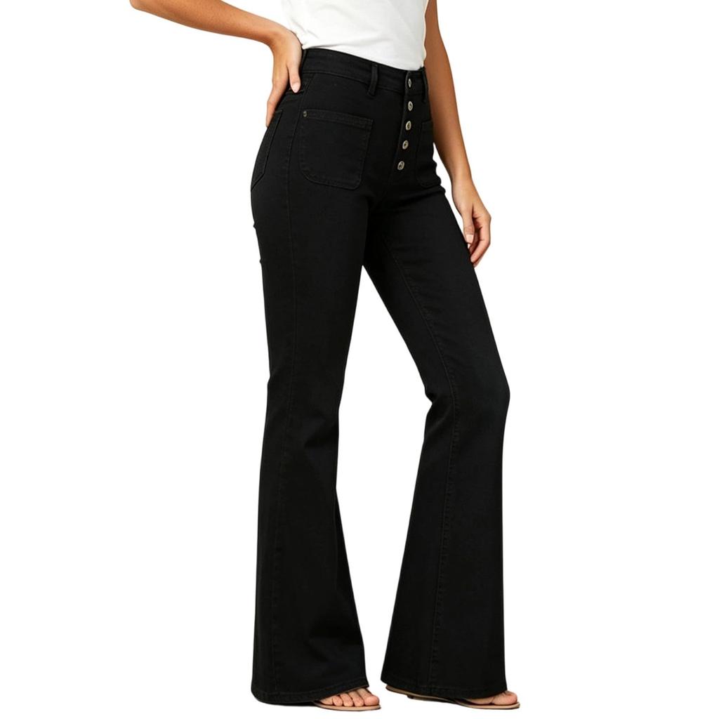 Women's Casual Jeans with Button Patch Pockets - Denim Flared Pants