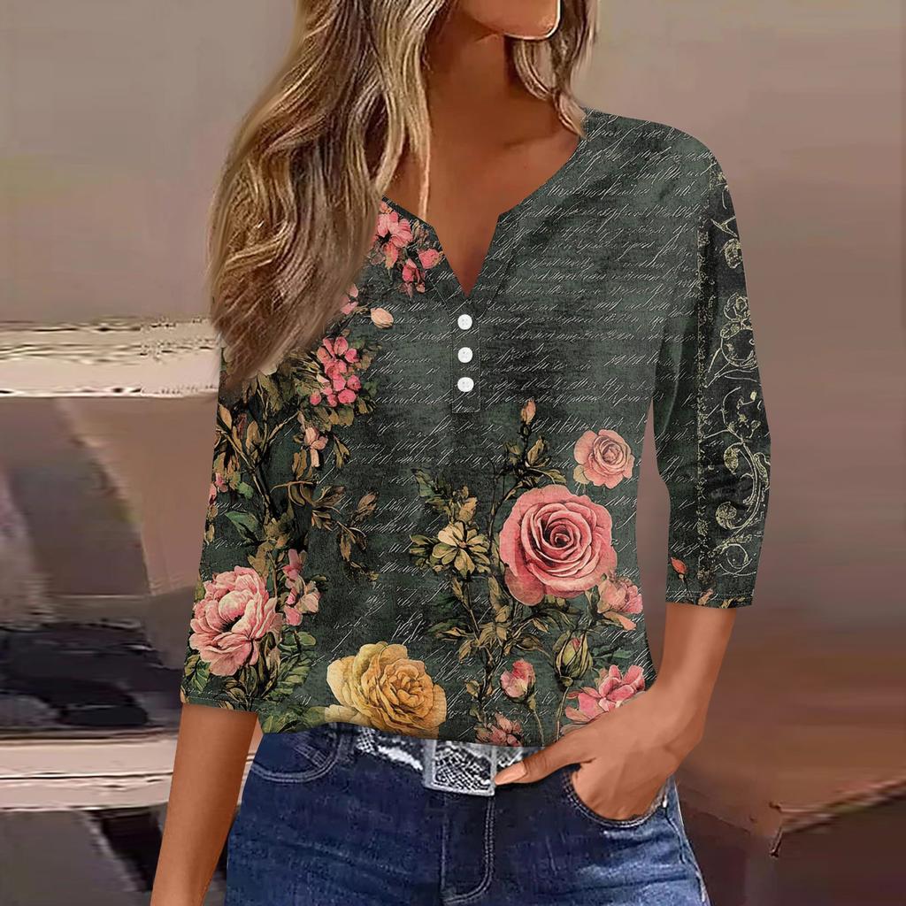 Damska koszulka z nadrukiem na guziki, rękaw 3/4, codzienna, weekendowa, modna, podstawowa, dekolt w serek, regularny top