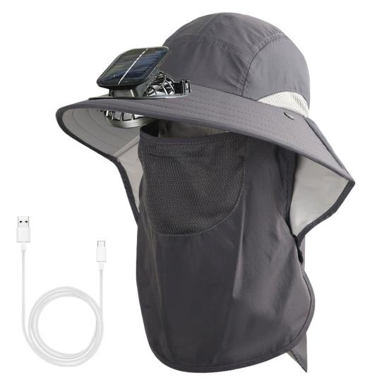 

Мужская шляпа от солнца с вентилятором с двойным питанием, широкополая шляпа от солнца с шалью и защитой для лица, шляпа для рыбалки, походов, садоводства темно-серого