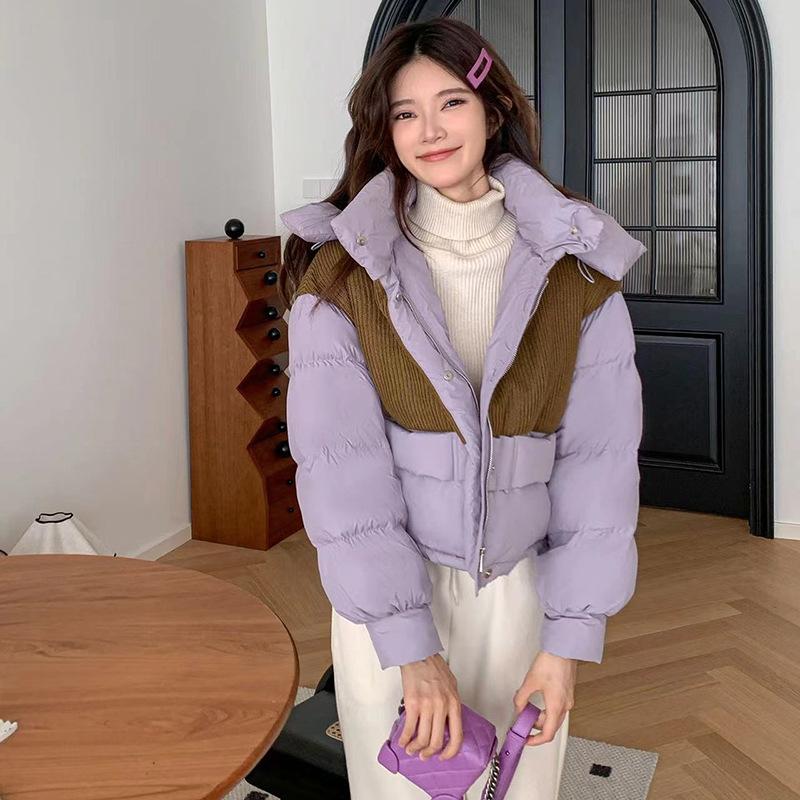 Corduroy splicing down jacket women's short 2024 winter new fashion contrasting colors thickened white duck down bread jacket tide