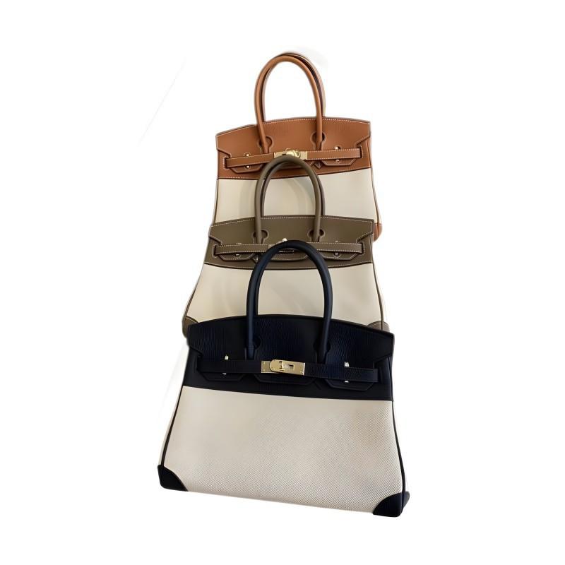 2024 35cm Top Layer Togo Leather Cowhide With Linen Canvas Platinum Bag Genuine Handbag Cross-body