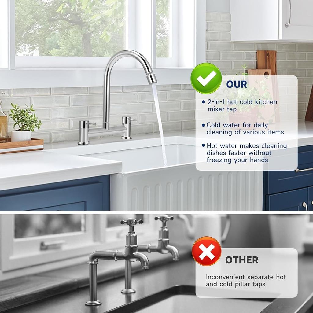 Kitchen Bridge Mixer Taps with 360° Swivel Spout, 2 Hole Sink Mixer Taps Dual Levers Faucet, 180 Mm Centers Deck Mounted Chrome Sink Tap 2 Function