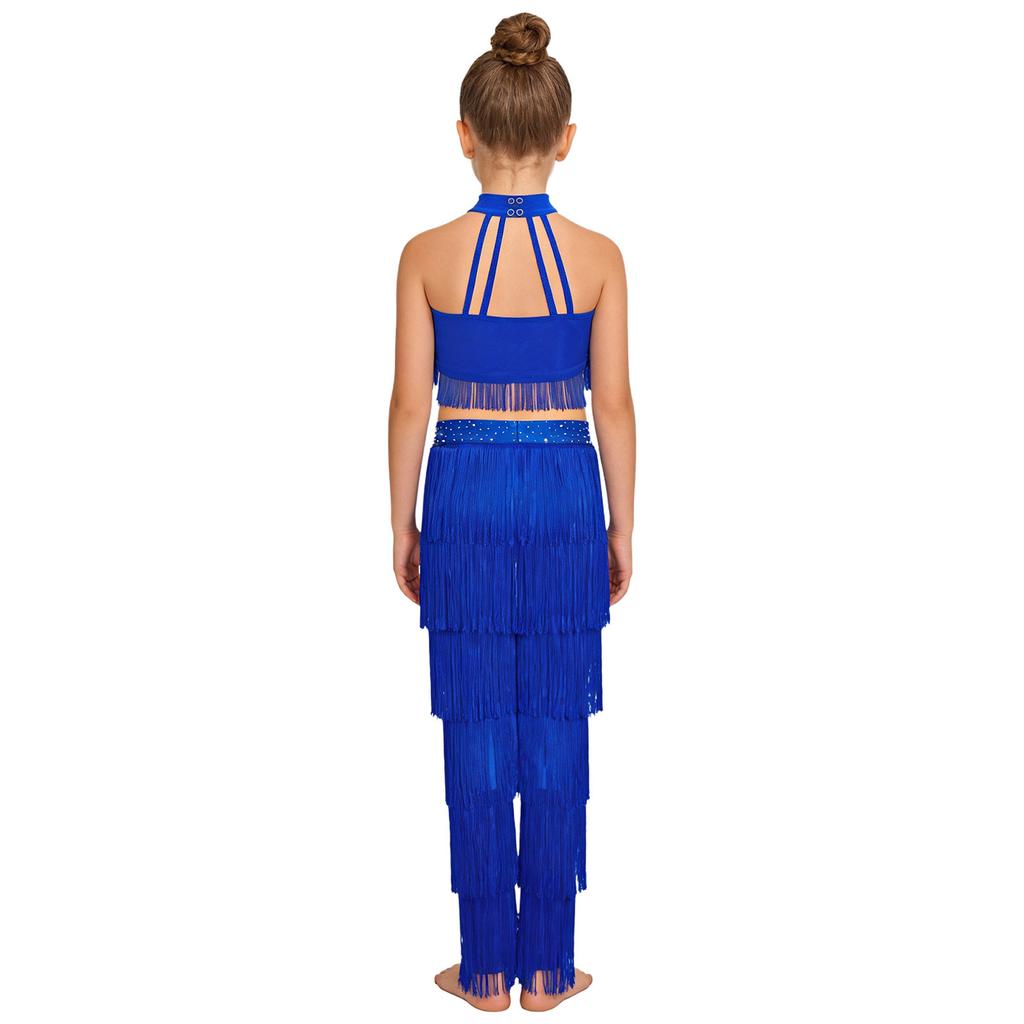 Children‘s Latin Dance Outfit Sleeveless Back Straps Crop Top Layered Tassels and Matching Elastic Waist Fringe Pants for Salsa Competition