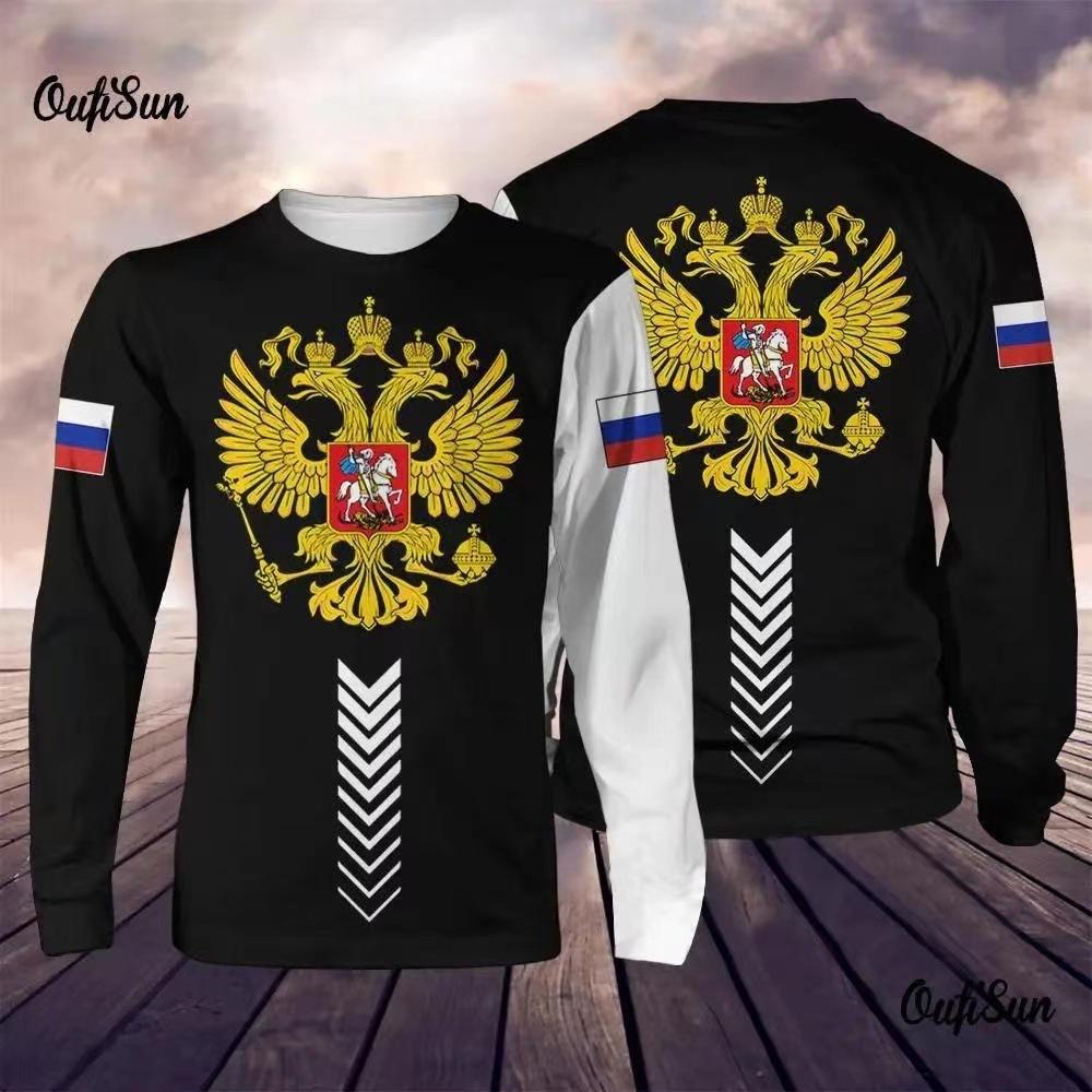 Round Neck 3D Russian Printed Top Casual Long Sleeved Men's T-shirts - Soft Medium Stretch Polyester Fabric Spring and Autumn Relaxed Fit Clothing