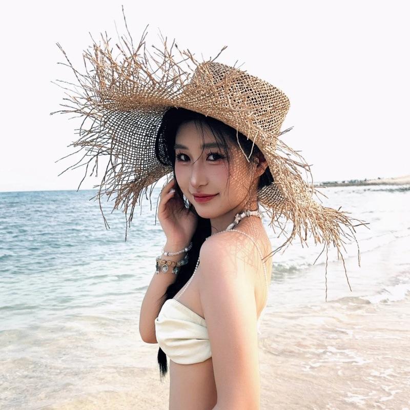 Breathable Hollow Mesh Rough Edge Seaweed Straw Hat Women S Beach Seaside Photo Big Eaves Salty Straw Visor Hat Summer adjustable