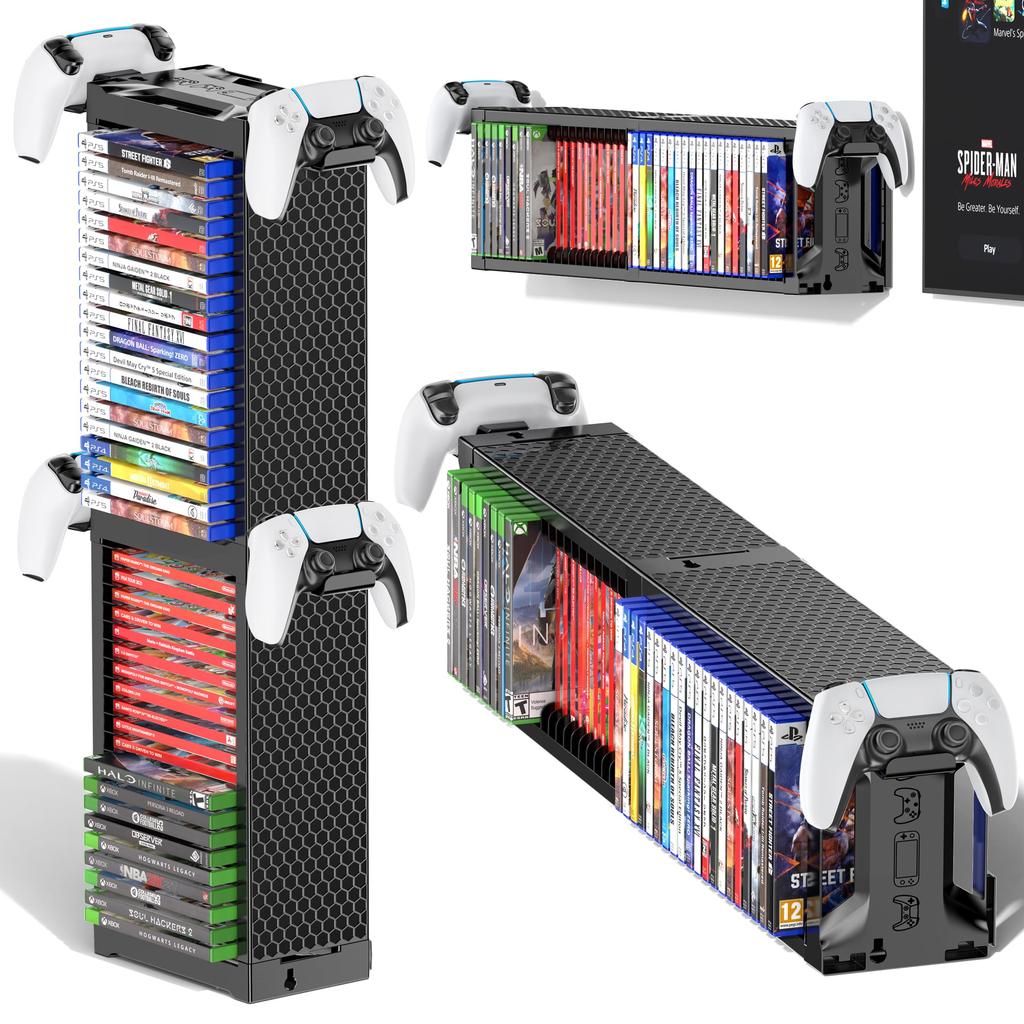 Game Software Storage Holds 40 and Horizontal or Vertical Game Easy Large Capacity Two-Tier Stand, Discs, PS5/PS4/Switch/XBX, Headphones, Controllers,