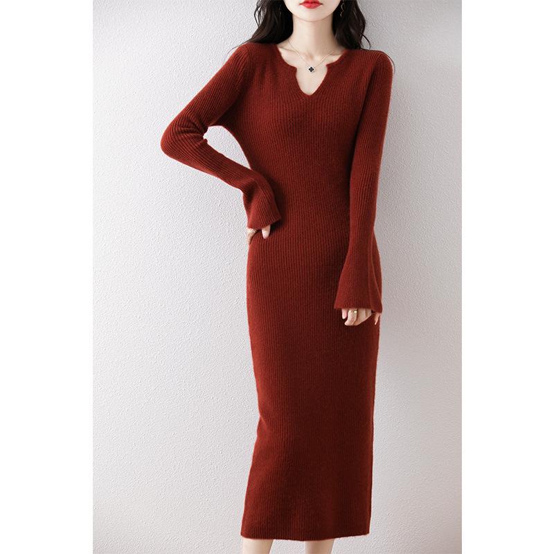 Autumn-Winter Pure Wool Trumpet Sleeve Mid-Length Sweater Dress