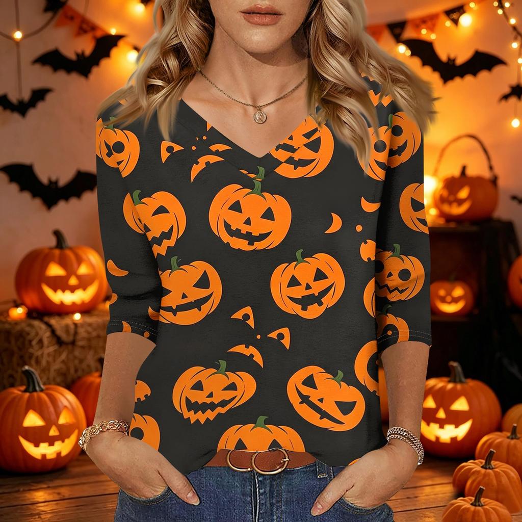 Womens Halloween Print V Neck Top Three Quarter Sleeve Casual Shirt Lightweight Soft Fabric Comfortable Fit Seasonal Style