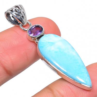 Natural Republic Larimar, Amethyst 925 Solid Sterling Silver Pendant 1.89" S7g38