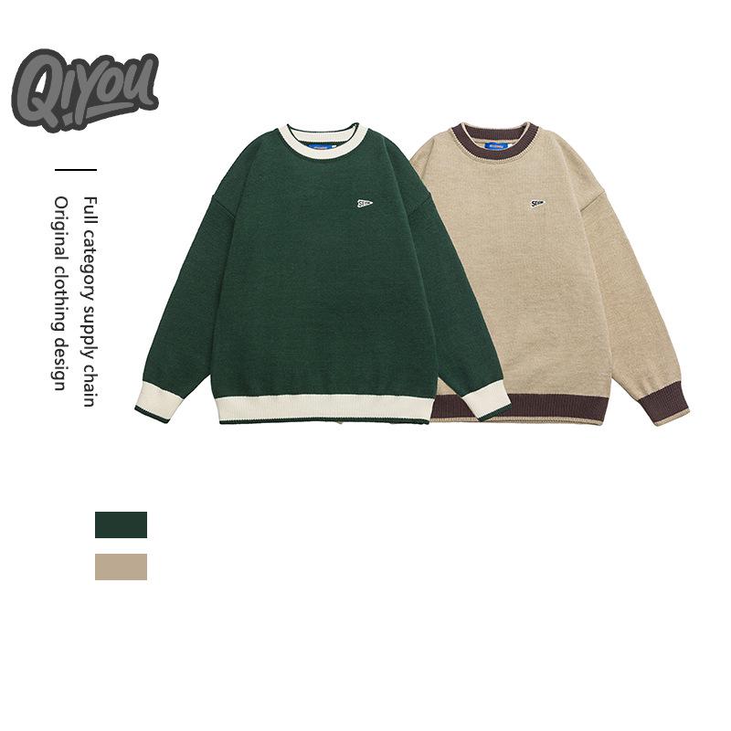 QIYOU 2025 Unisex Retro Patchwork Color Block Sweater - Autumn/Winter Casual Knitwear.