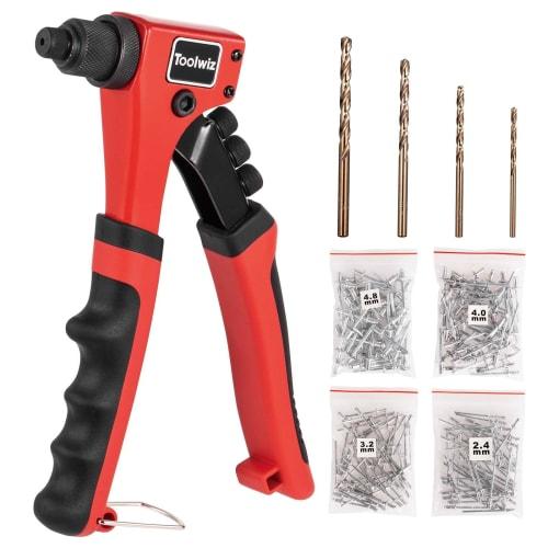 Toolwiz TRG-409 Hand Riveter Set with 200 Blind Rivets and 4 HSS Drill Bits (2.4mm, 3.2mm, 4.0mm, and 4.8mm)