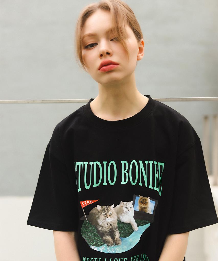 BONIEE Persian Chinchilla Cat Collage Cat Graphic Loose T-Shirt Black