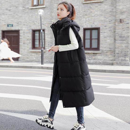 Colete feminino de inverno, acolchoado, com zíper, com capuz, ajuste solto, cintura ajustável, sem mangas, cor sólida, à prova de vento, retenção de calor