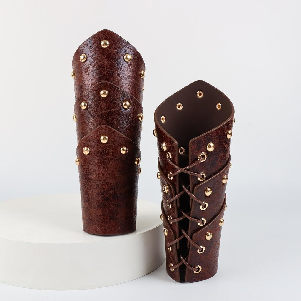 1 Pair Unisex Medieval Leather Arm Gauntlet Wristband Buckle Bracers Halloween Cosplay Costume Accessory for Theme Party