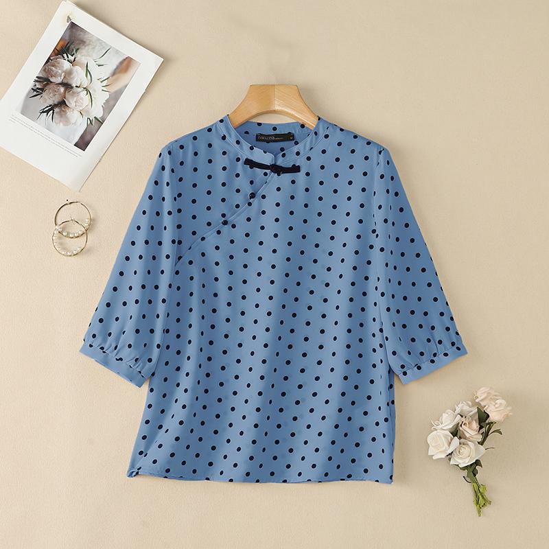 ZANZEA Women Casual Stand Collar Loose Half Sleeve Polka Dot Print Blouse