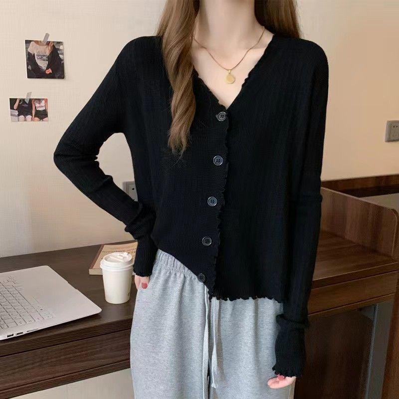 2024 Spring/Summer Slimming Ruffle V-Neck Knit Cardigan - Women's Long Sleeve Base Layer Top