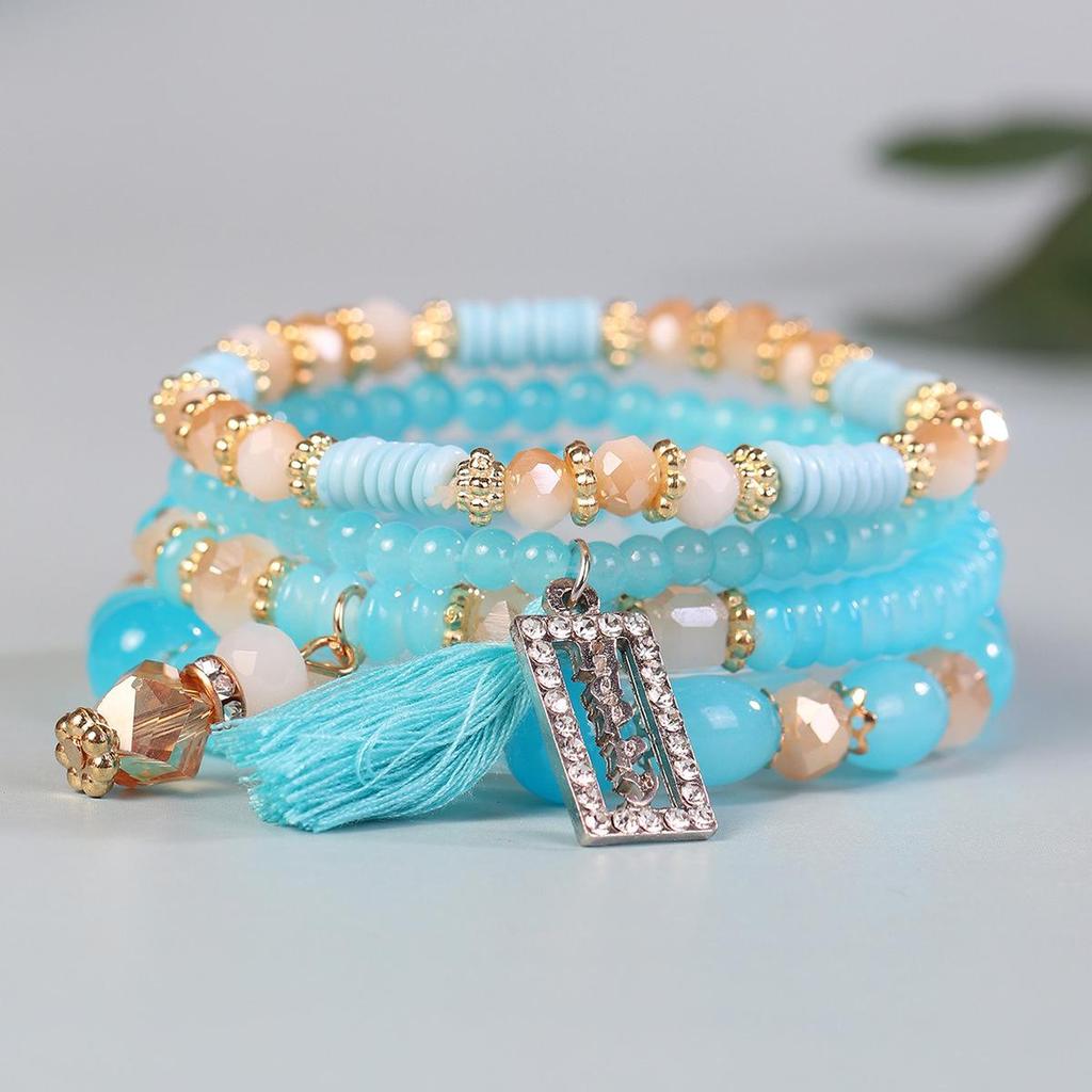 Bohemian Beaded Bracelet Set with Rectangular Tassel Pendant