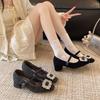 [Fanfna] Small inner height increase French rhinestone square buckle velvet Mary Jane shoes women's thick heel fluffy cotton shoes