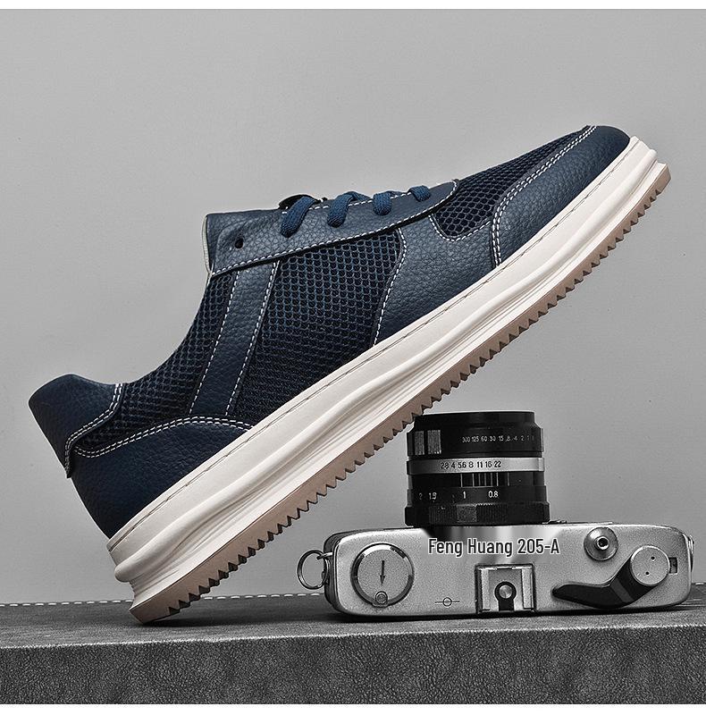New Men's Breathable Mesh White Sneakers: Thick Sole, Round Toe, Lace-Up, Versatile for Casual and Work Wear