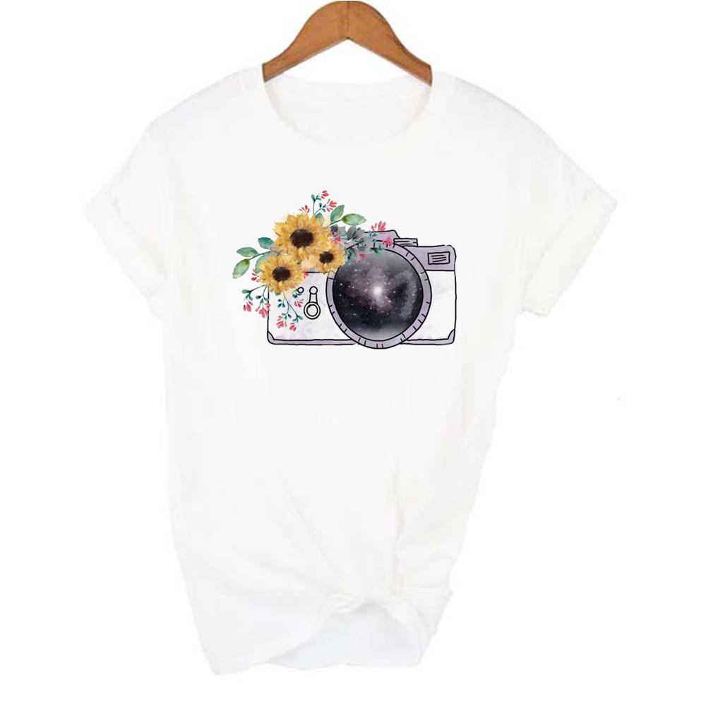 Women Graphic Sunflower T Shirt Watercolor Female Print Vintage World Compass Camera Flower Ladies Camisas Mujer