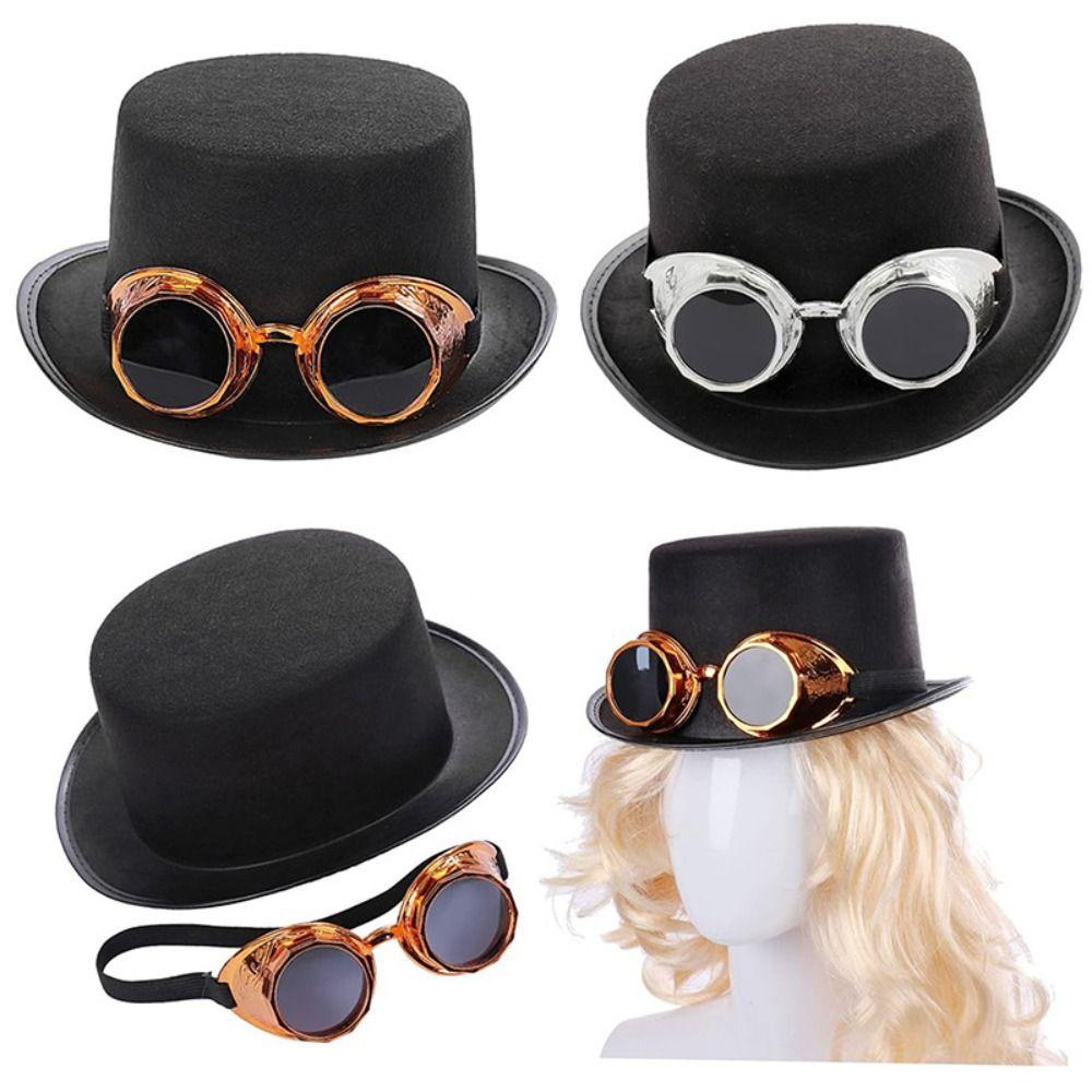Vintage Black Steampunk Men Hat With Eyeglasses Stage Performance Retro Gothic Hat Non-woven Fabric Top Hats Cosplay Jazz Hat