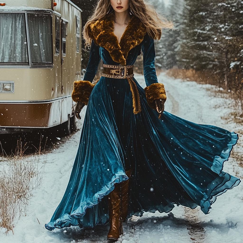 

Женское платье из толстого бархата с длинным рукавом и меховым воротником, европейское и американское, 2026 XL синий