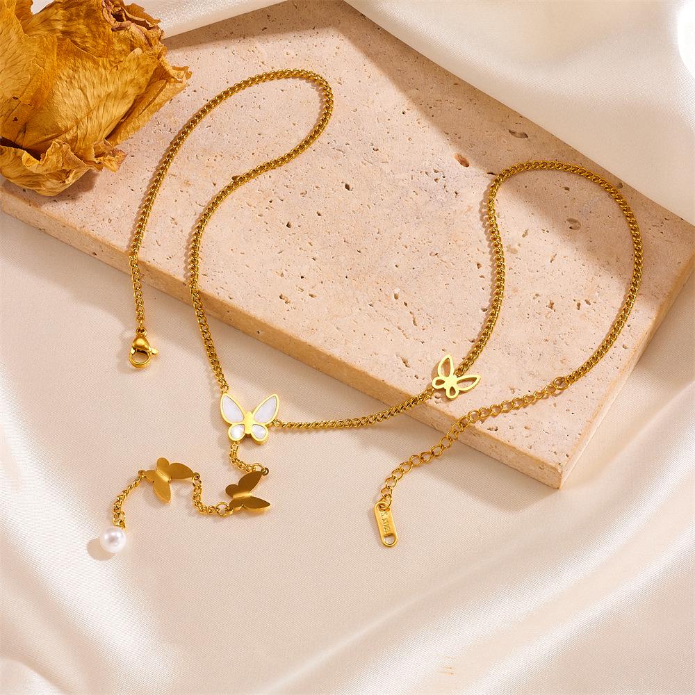 Elegant Titanium Steel Butterfly Necklace & Earring Set with Pearl Tassels - Non-Fading Stainless Steel