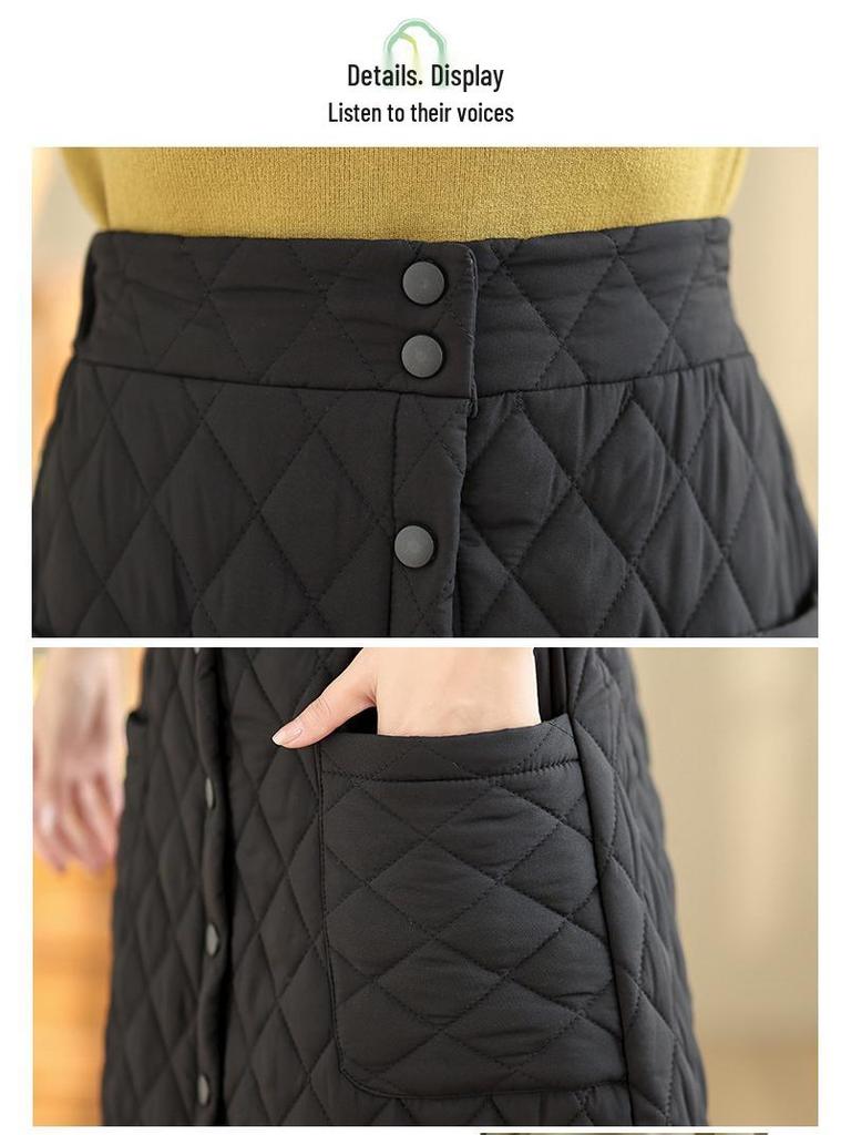 Fustă A-line pentru femei cu talie înaltă, extra lungă, rezistentă la vânt, din bumbac cu puf - Îngroșată, cu nasturi, stil de iarnă plus size