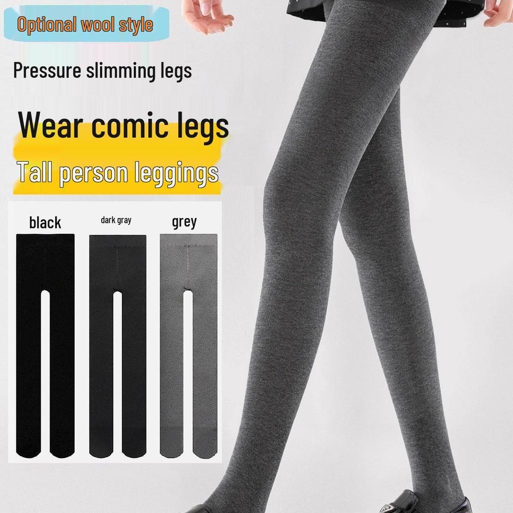 Thin Stripe Slim-Fit Fleece-Lined Women's High-Waist Grey Tights for Autumn & Winter, Non-Shedding