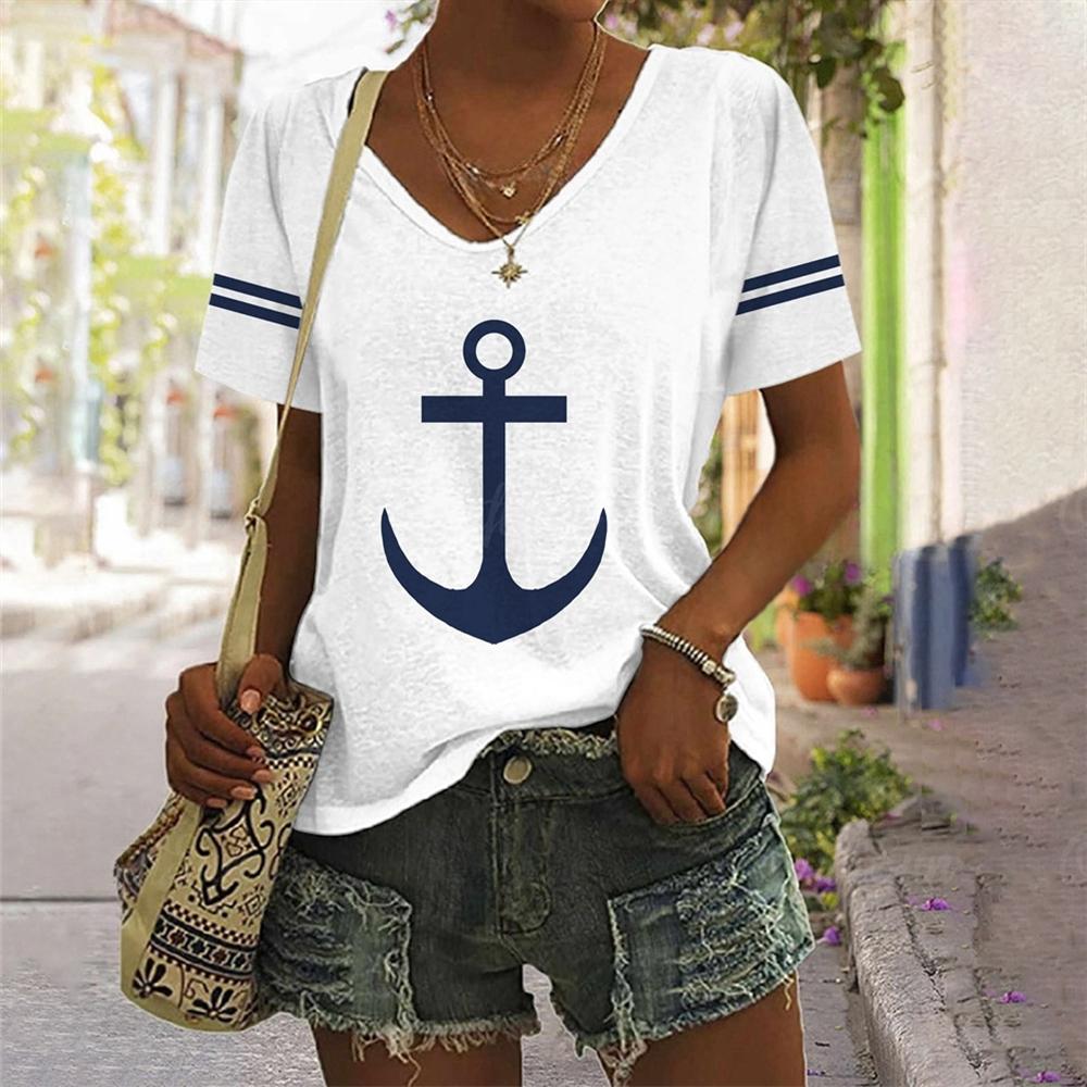Sommer Oversized T-Shirts Ankerprint Oberteil für Damenmode V-Ausschnitt Damenmode Große Größen Stil T-Shirt für Damen
